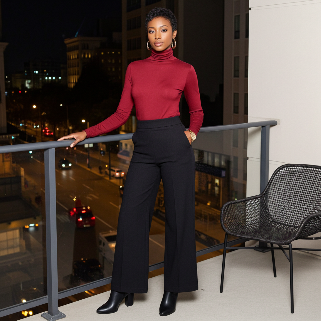 Woman in red turtleneck and black pants standing on a balcony with city street view.