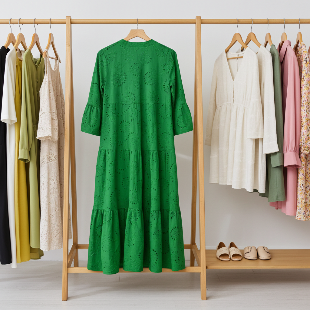 English Embroidered Long Dress: Green