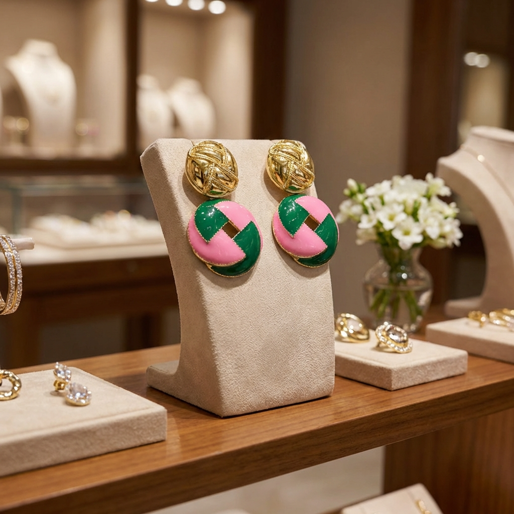 Pair of earrings on a display stand with a blurred jewelry store background