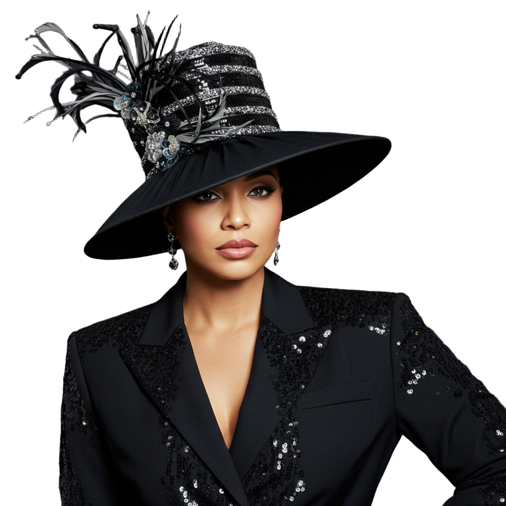 Woman wearing a black hat with feathers and a black sequined outfit on a dark background