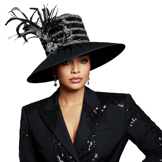 Woman wearing a black hat with feathers and a black sequined outfit on a dark background