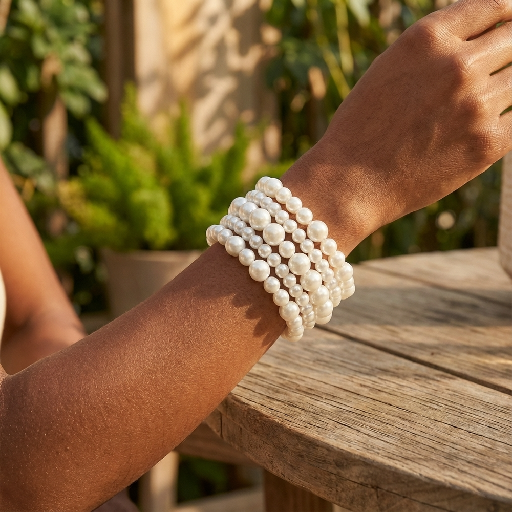 Person wearing multiple pearl bracelets on a wooden surface with a blurred natural background