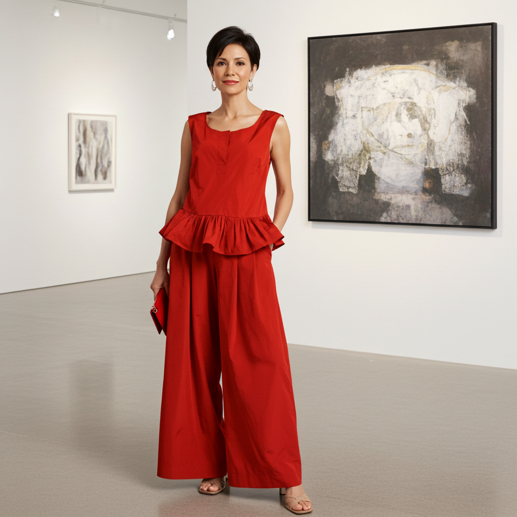 Woman in a red outfit standing in an art gallery with abstract paintings on the walls.