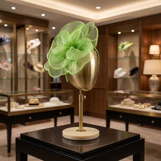 Green floral headpiece on a mannequin head in a store setting