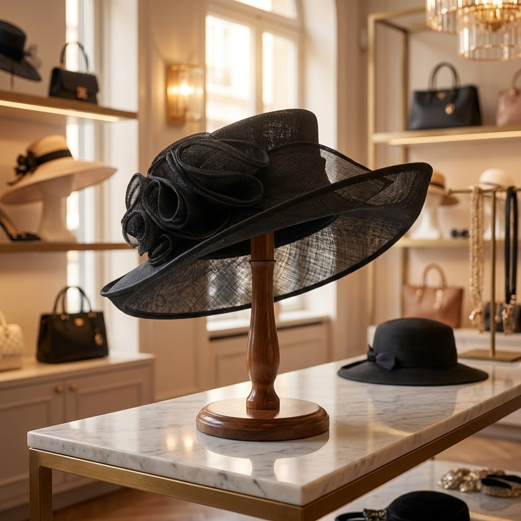 Black Sinamay Swirl Mad Hatter Hat – Elegant Wide Brim Derby Hat