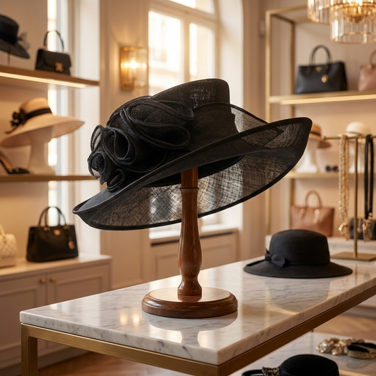 Black Sinamay Swirl Mad Hatter Hat – Elegant Wide Brim Derby Hat