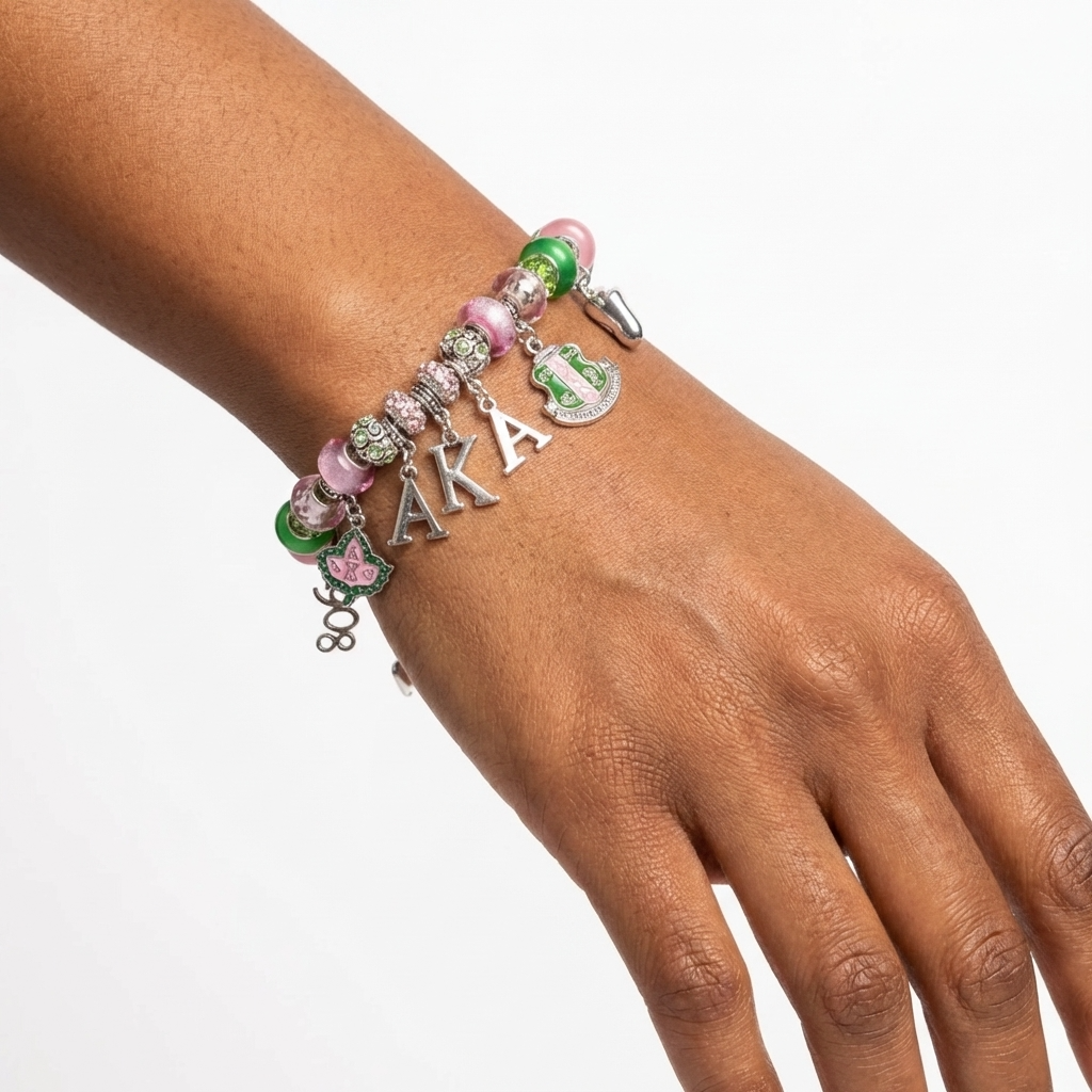 Bracelet with charms on a wrist against a white background