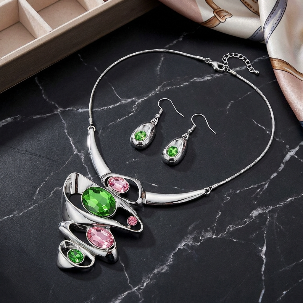 Pink and Green Crystal Statement Necklace and Earring Set - Silver