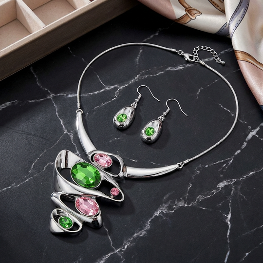 Pink and Green Crystal Statement Necklace and Earring Set - Silver