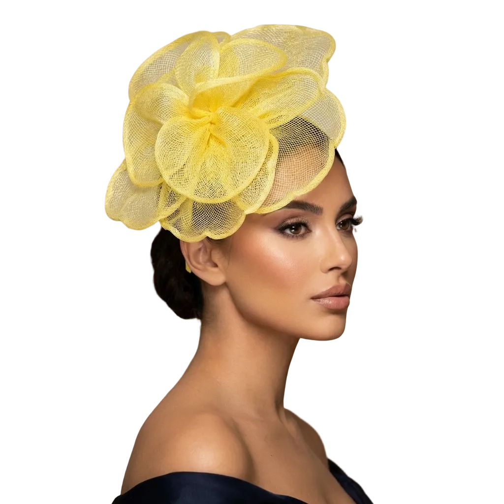 Woman wearing a yellow floral headpiece against a blurred indoor background
