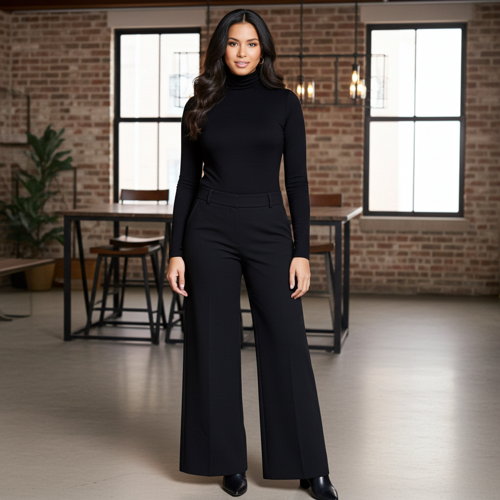 Woman wearing a black outfit in a room with brick walls and large windows.