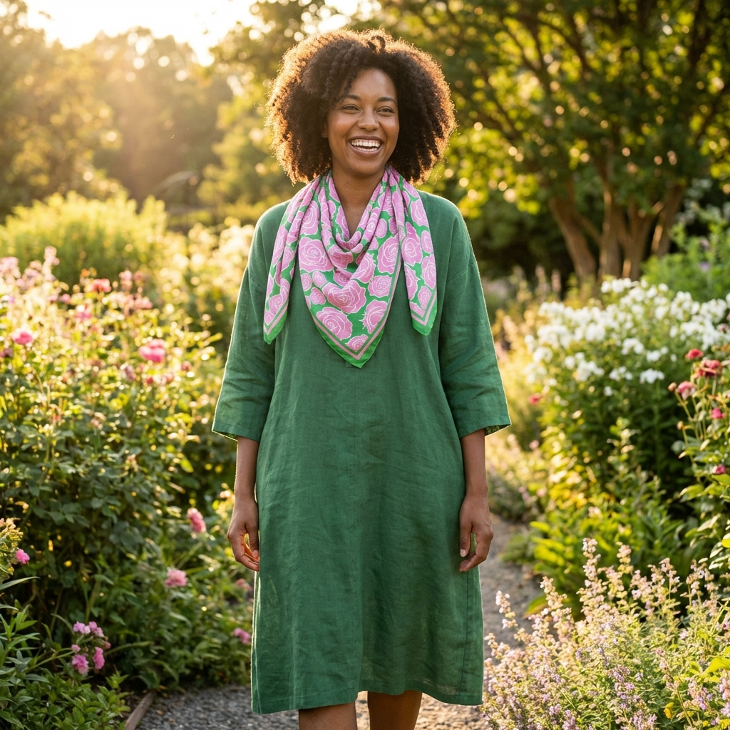 Pink & Green Rose Print Square Scarf