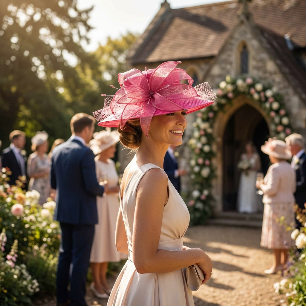 Hot Pink Sinamay Ribbon Flower Wide Brim Hat: Fuchsia