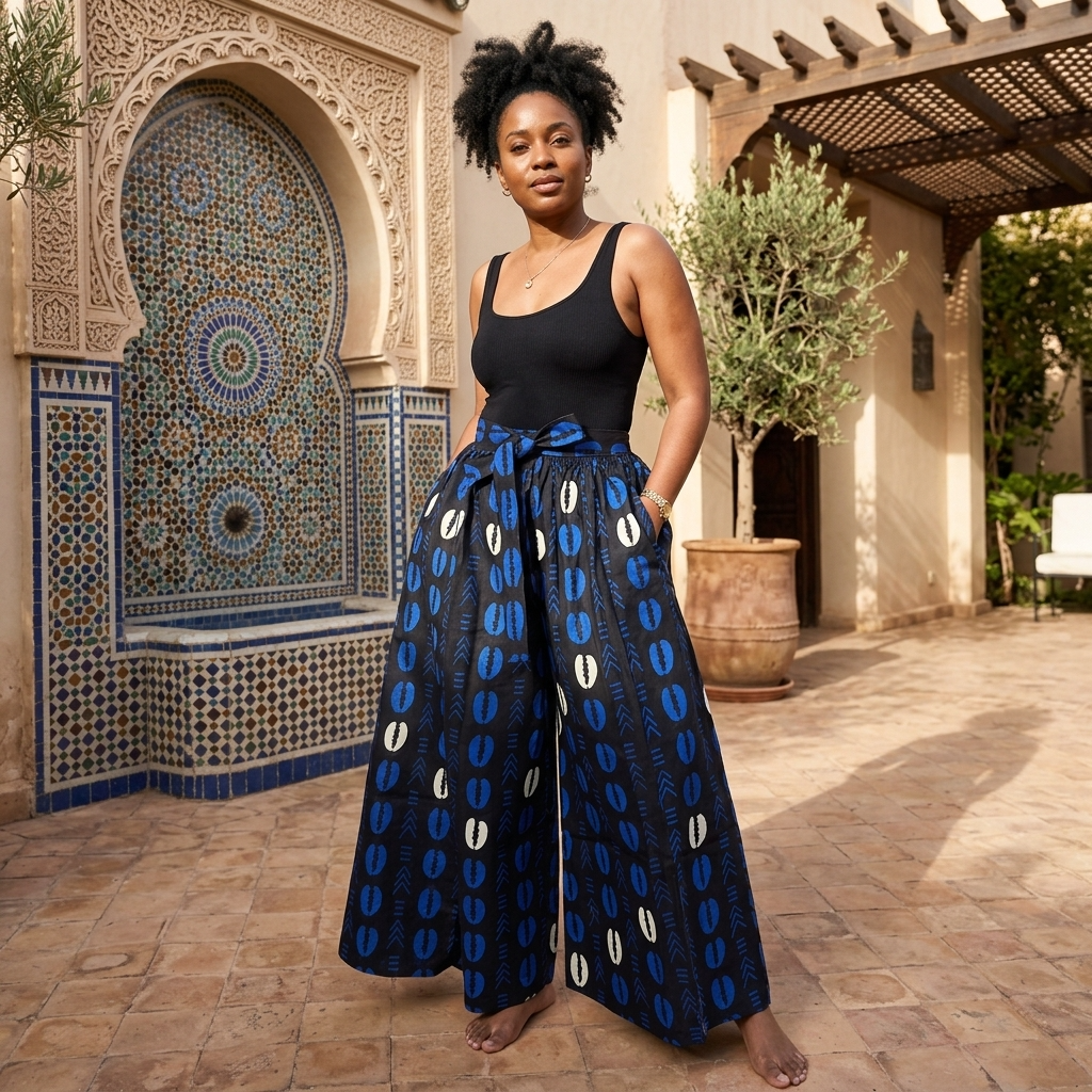 African Shell Print Palazzo Pants – Blue Multitone