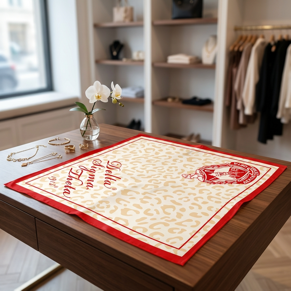 Delta Sigma Theta animal print square scarf in red and beige with border design, 35x35 polyester silk.