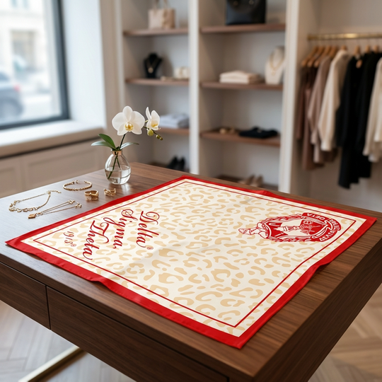 Delta Sigma Theta animal print square scarf in red and beige with border design, 35x35 polyester silk.