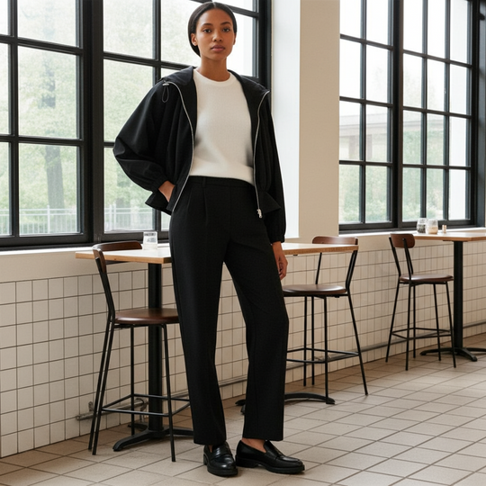 Person wearing a black outfit standing in a modern cafe with large windows.