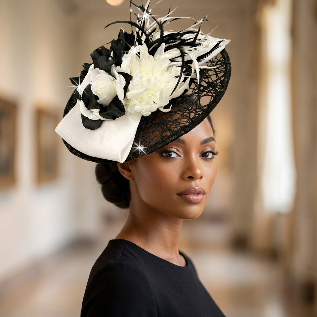 Woman wearing a black and white decorative hat with flowers indoors.