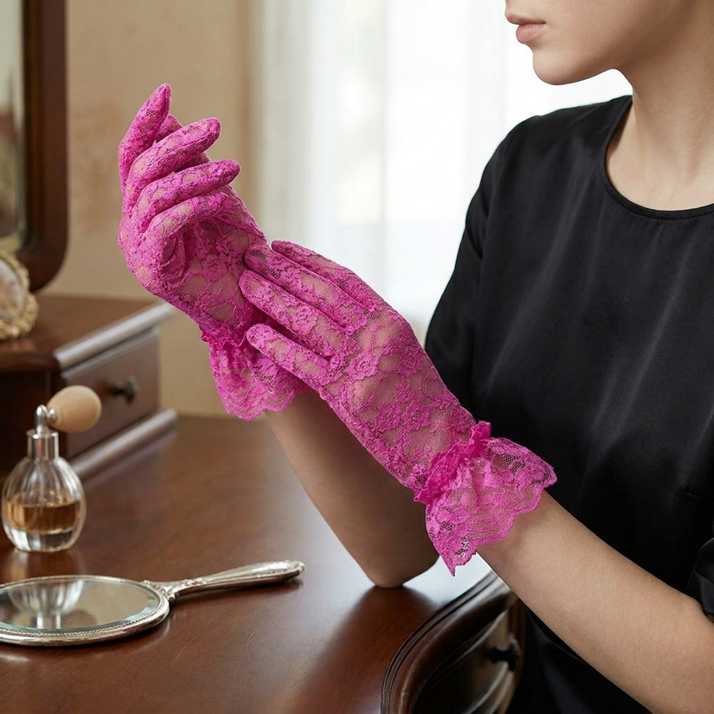 Floral Pattern Lace Cuff Gloves - Pink-w