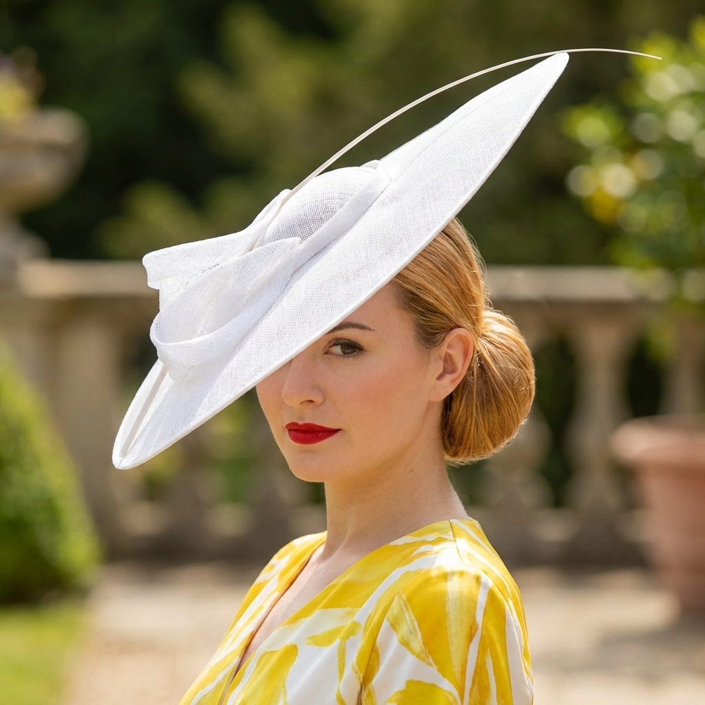 Woman wearing a large white hat with a yellow dress in an outdoor setting