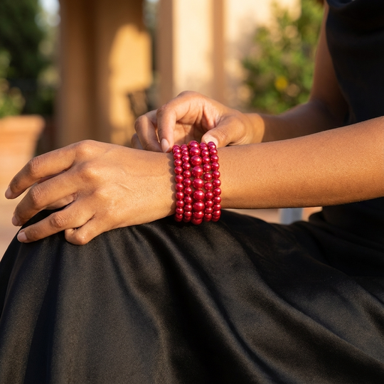 Classic Pearl Stretch Bracelet Set (5-Piece Stack) - Red