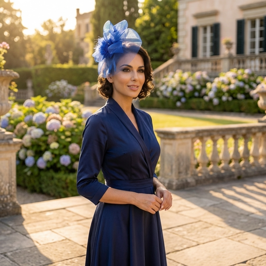 Woman in a blue dress with a matching hat standing in a garden with flowers and a building in the background.