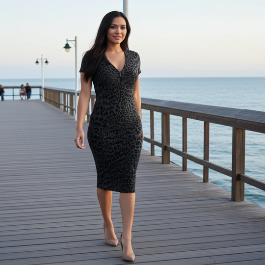 Leopard Grey Ribbed Cap Sleeve Dress