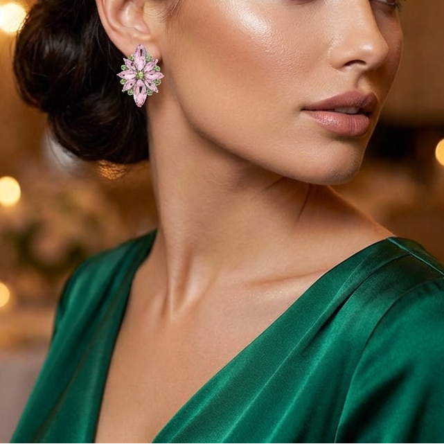 Woman in a green dress with floral earrings in an elegant indoor setting