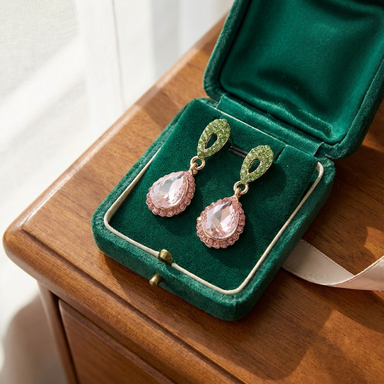 Pink & Green Crystal Small Tear Drop Earrings
