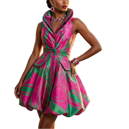 Woman in a pink and green dress on a rooftop with city skyline in the background