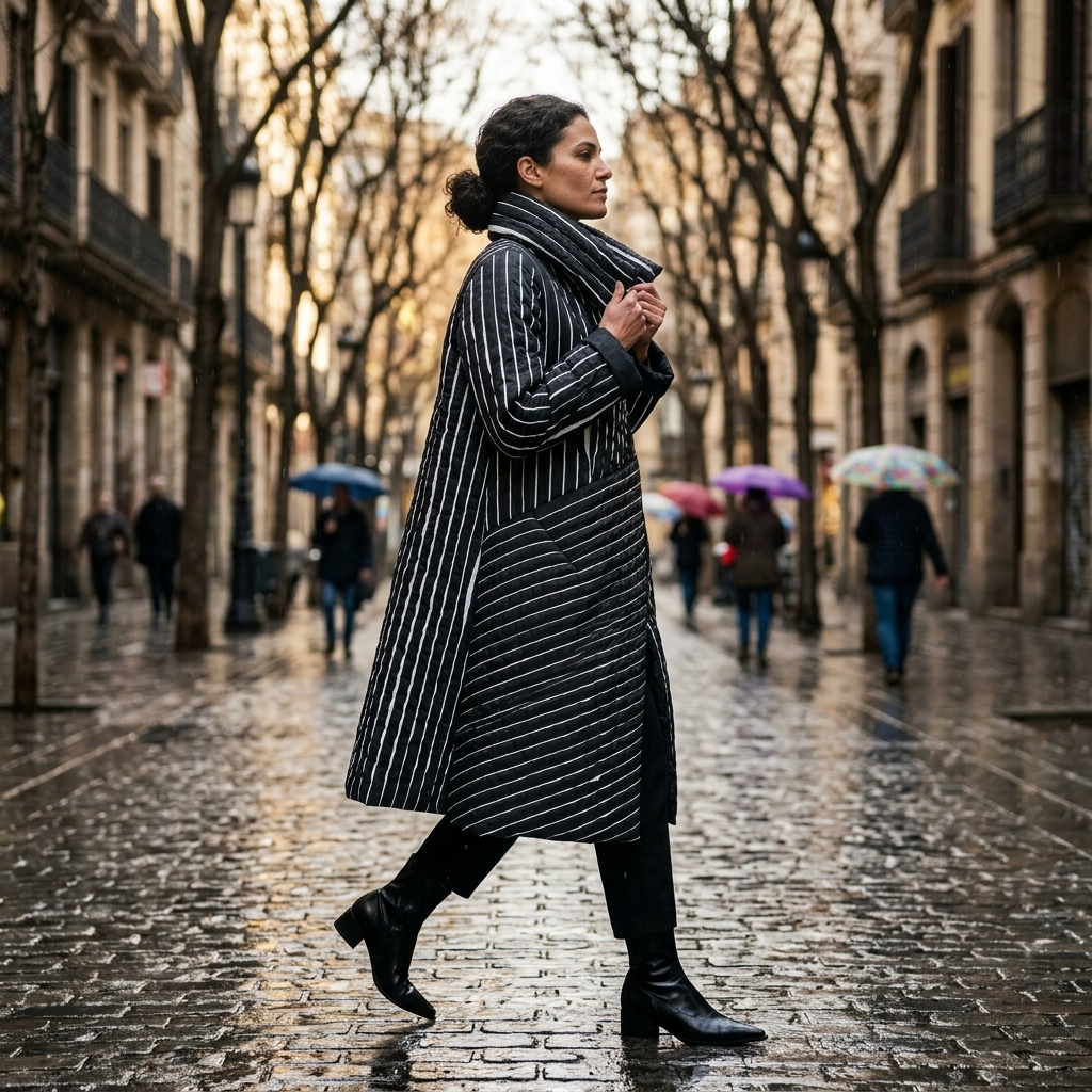 A woman walks down a wet cobblestone street lined with leafless trees and buildings, wearing a long black coat with thin white vertical stripes, a dark scarf, black leggings, and black heeled boots.