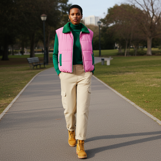 Person wearing a pink puffer vest, green sweater, beige pants, and yellow boots walking on a path in a park.