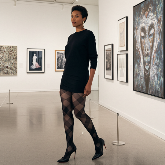 Black Diagonal Check Sheer Tights Plus Size