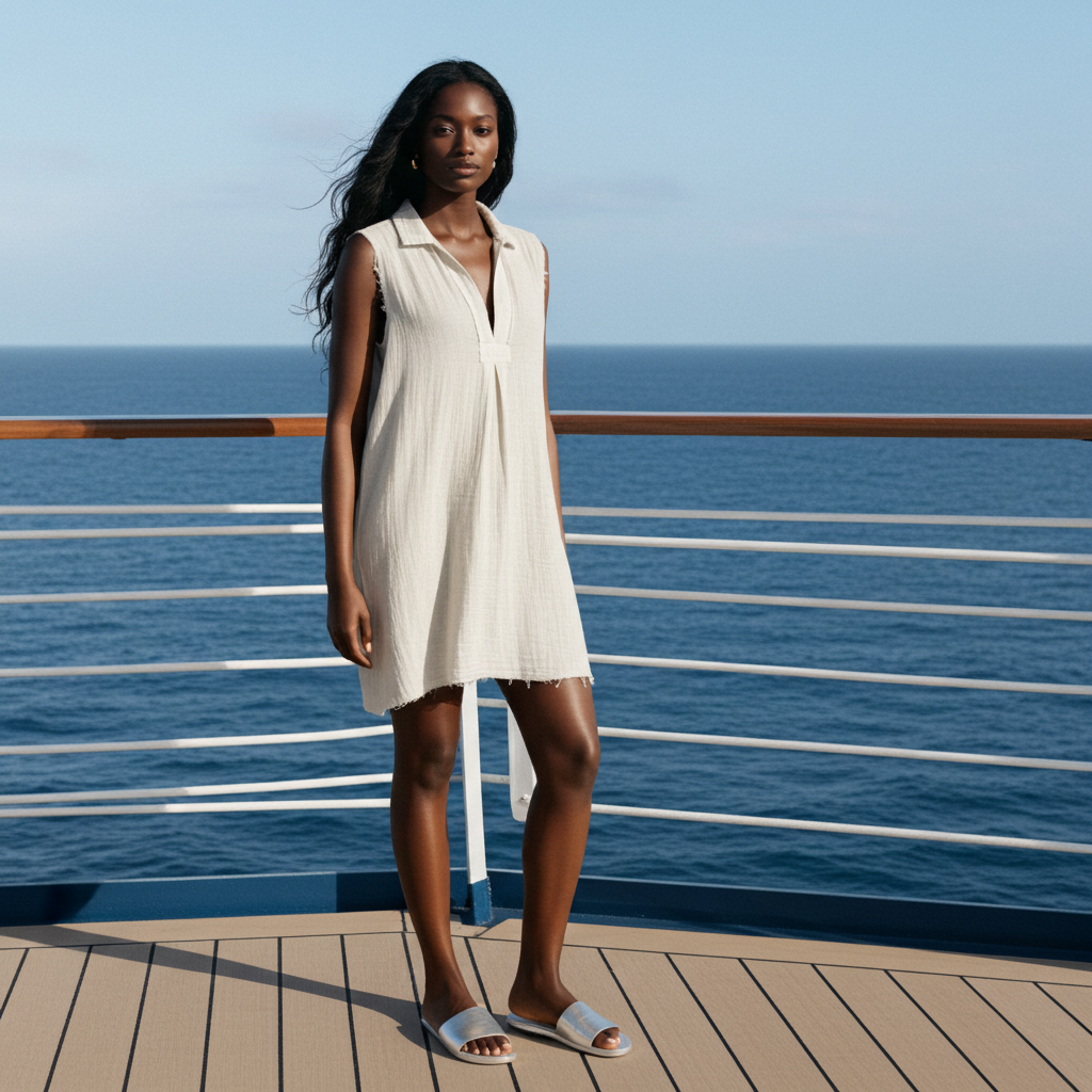 Woman in a white dress standing on a deck with ocean view