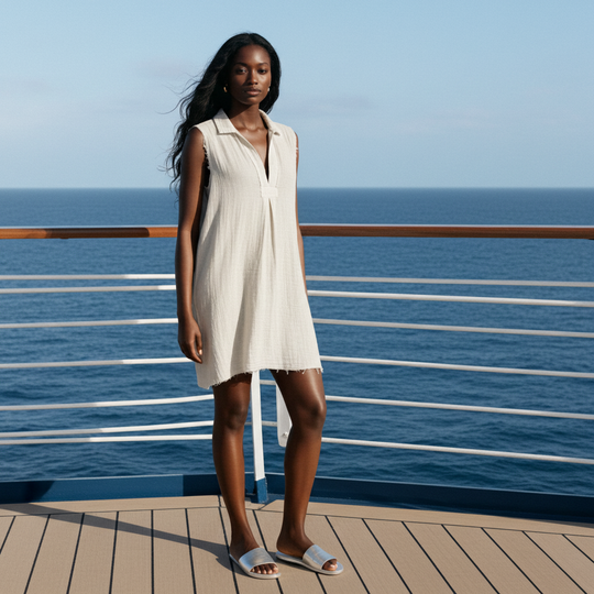 Woman in a white dress standing on a deck with ocean view