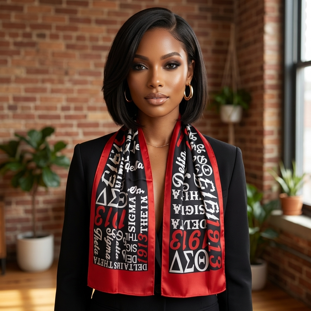 Delta Sigma Theta 1913 lightweight red and black symbol scarf styled on model.