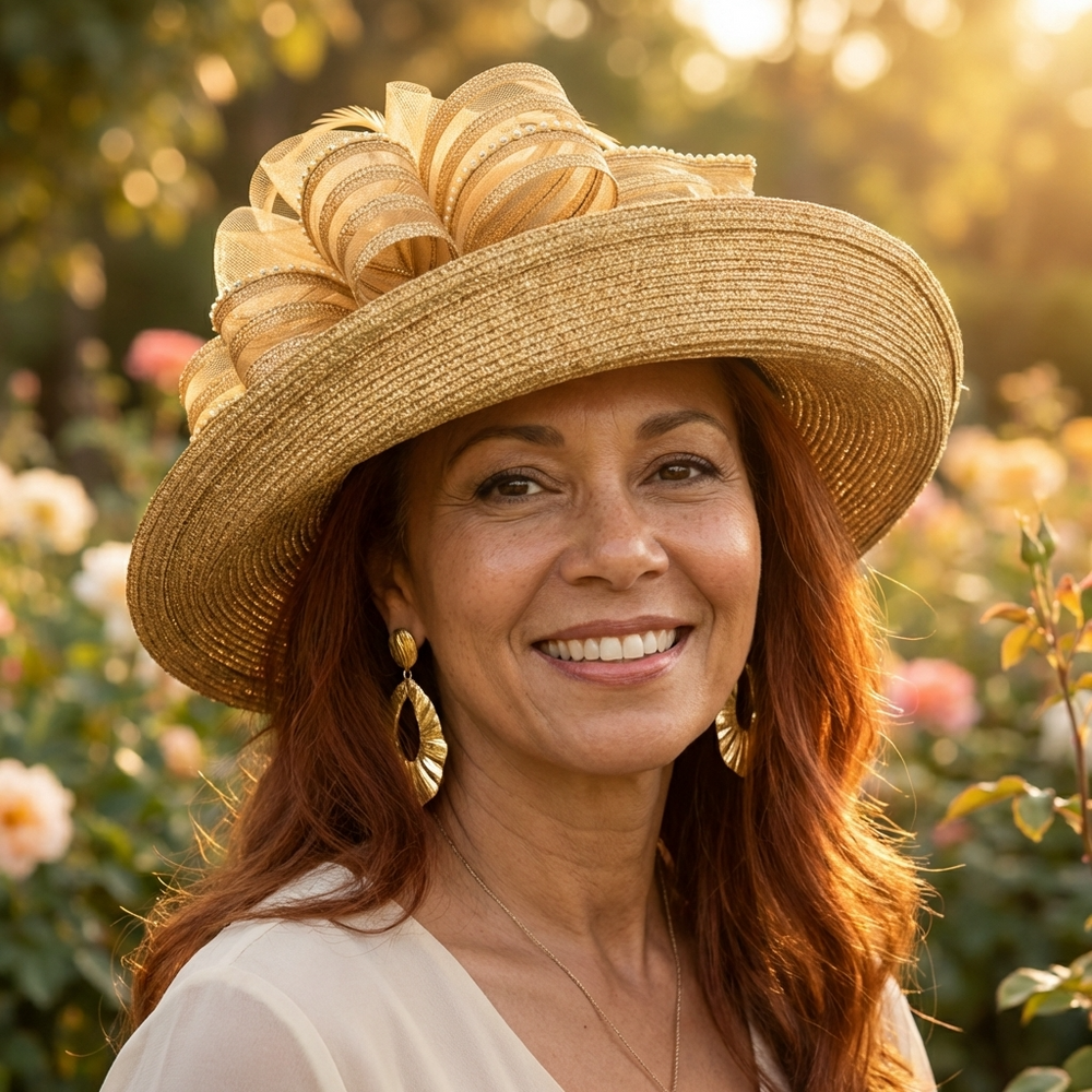 Gold Metallic Upturned Brim Statement Hat with Bow