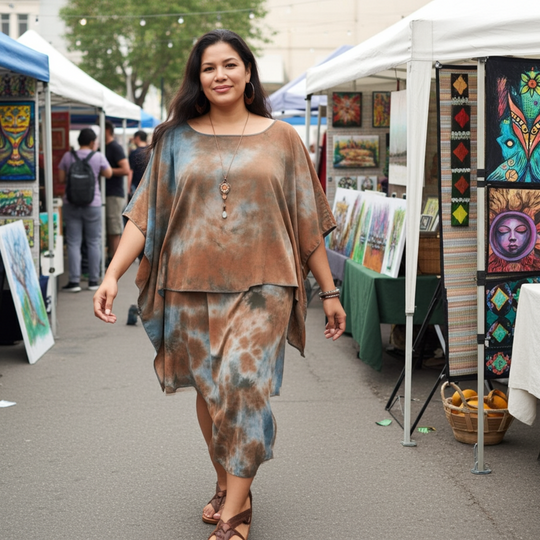 Woman in a tie-dye outfit walking through an outdoor market with art stalls.