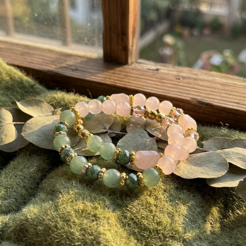 Two beaded bracelets, one green and one pink, on a surface with leaves and a window in the background.