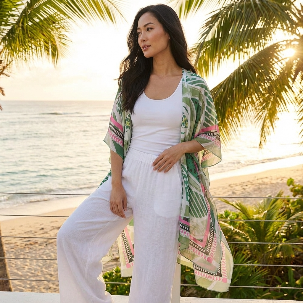 Kimono de crochet rosa y verde