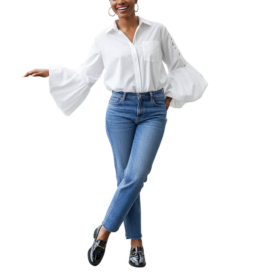 Woman in white blouse and blue jeans standing on a balcony with cityscape background