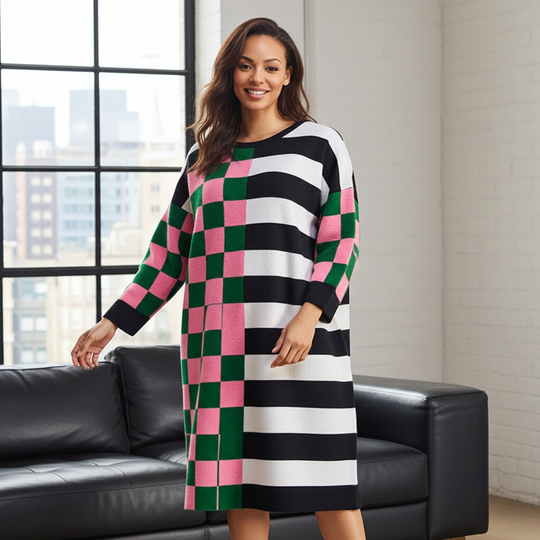 Woman wearing a colorful checkered dress standing in a room with large windows.