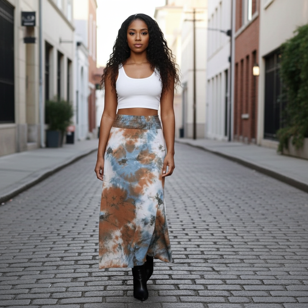 Woman wearing a white top and tie-dye skirt walking down a city street.