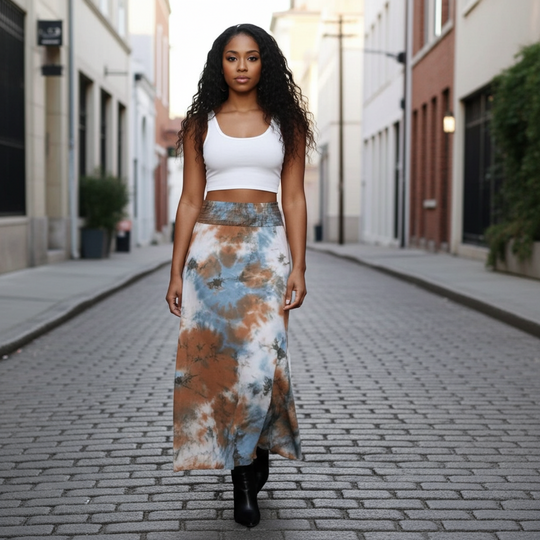 Woman wearing a white top and tie-dye skirt walking down a city street.