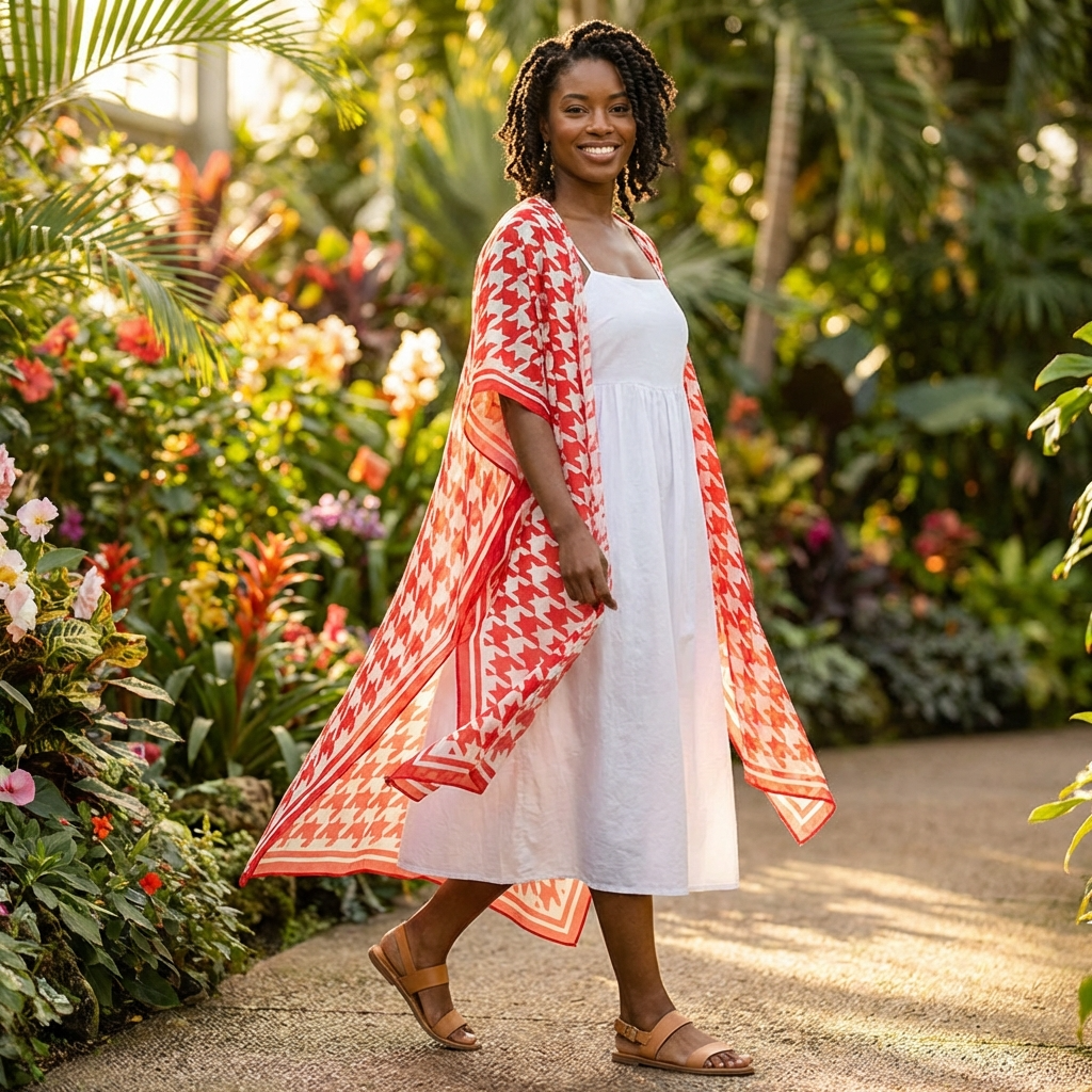 Woman in a white dress with a red and white patterned cover-up walking through a garden.