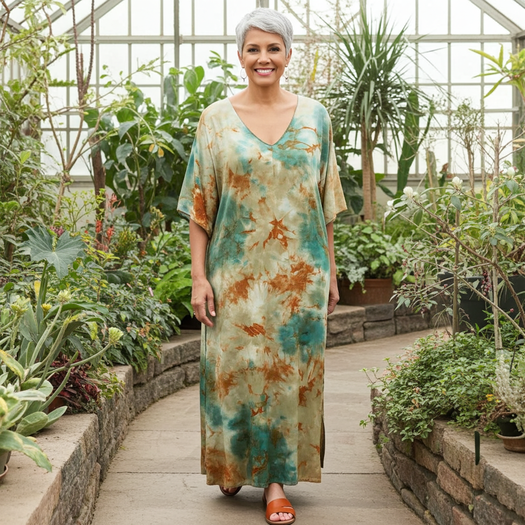 Woman in a tie-dye dress standing in a greenhouse filled with plants.