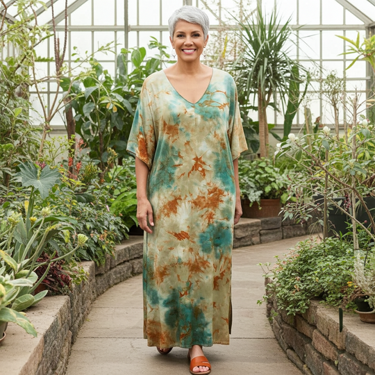 Woman in a tie-dye dress standing in a greenhouse filled with plants.