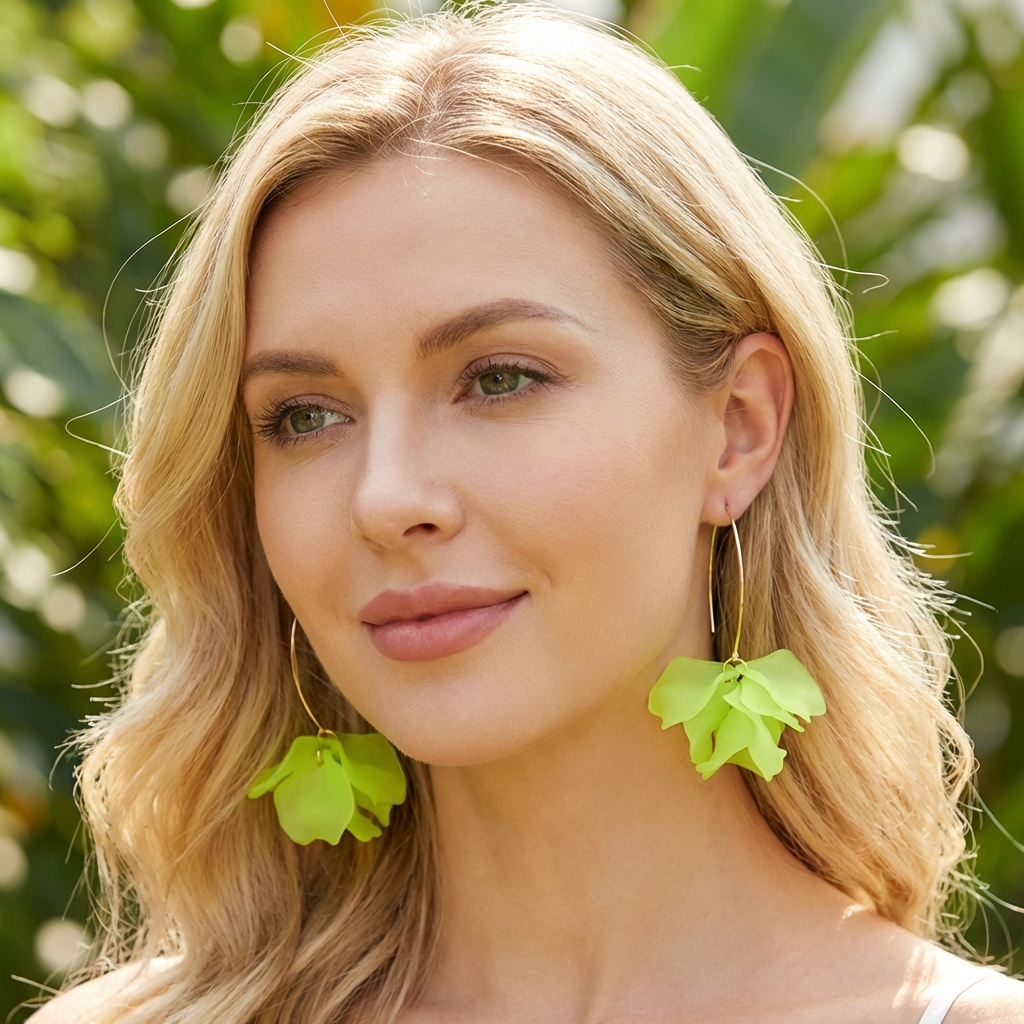 Woman wearing green leaf-shaped earrings with a blurred green background