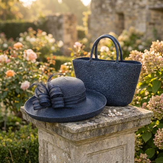 Navy blue straw hat and bag on a stone pedestal with a garden background