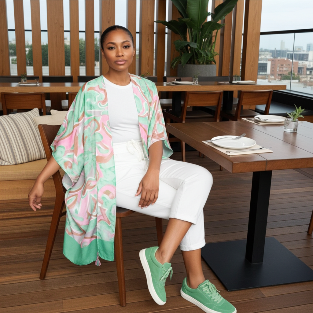 Woman sitting at a dining table in a modern indoor setting
